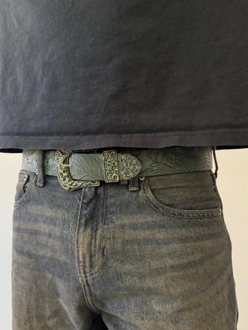 Olive Green Tooled Faux Leather Western Buckle Belt